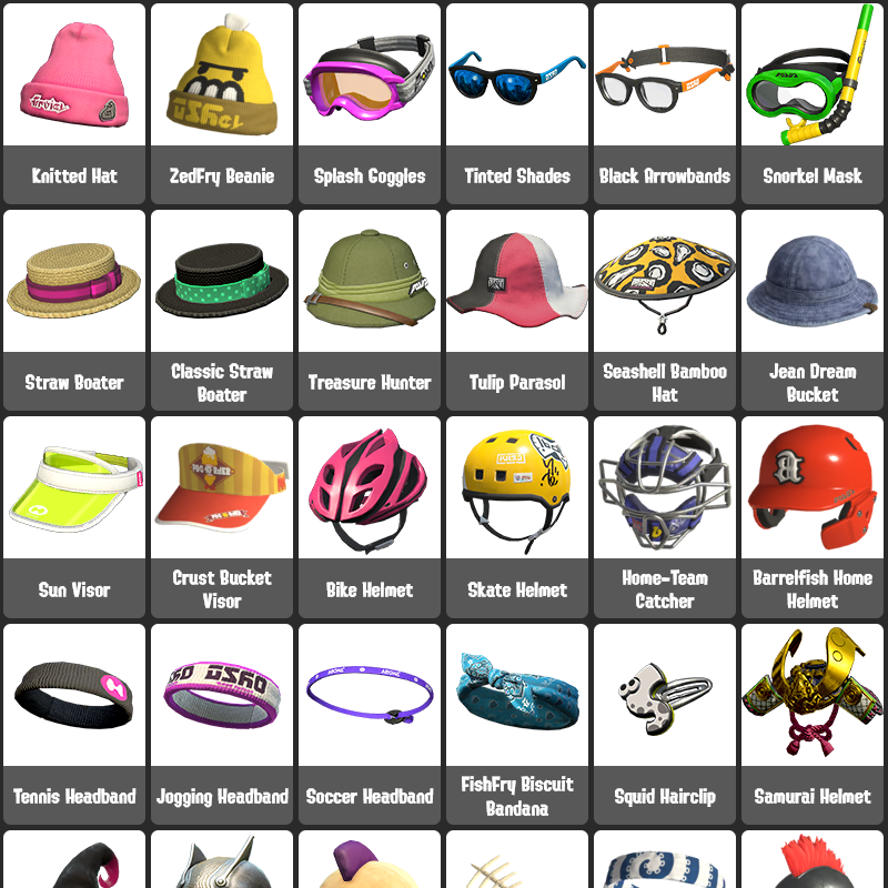 A grid of various labelled Splatoon 3 clothing