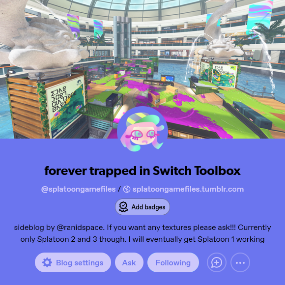A tumblr profile for 'splatoongamefiles' the title of the blog is 'Forever trapped in Switch Tooblox'
