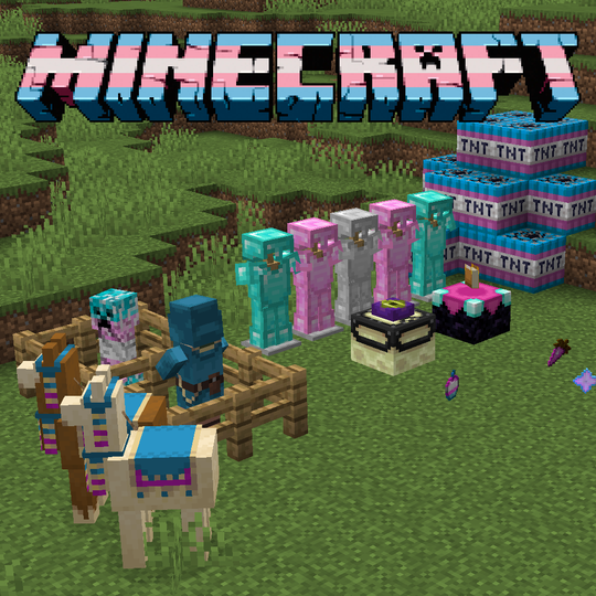 A minecraft screenshot featuring the minecraft logo recoloured to be in the trans colours. Other objects include a minecraft creeper, a wandering trader, an enchanting table, TNT, armour sets, and a few other objects, all with the trans flag colours.