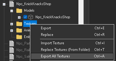 A screenshot with a context menu over the Textures folder, highlighting
"Export All Textures"