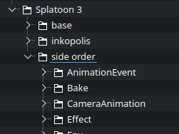 A folder structure, Inside Splatoon 3 there is "base", "inkopolis", and "side
order", and inside side order there are the files from the previous
image